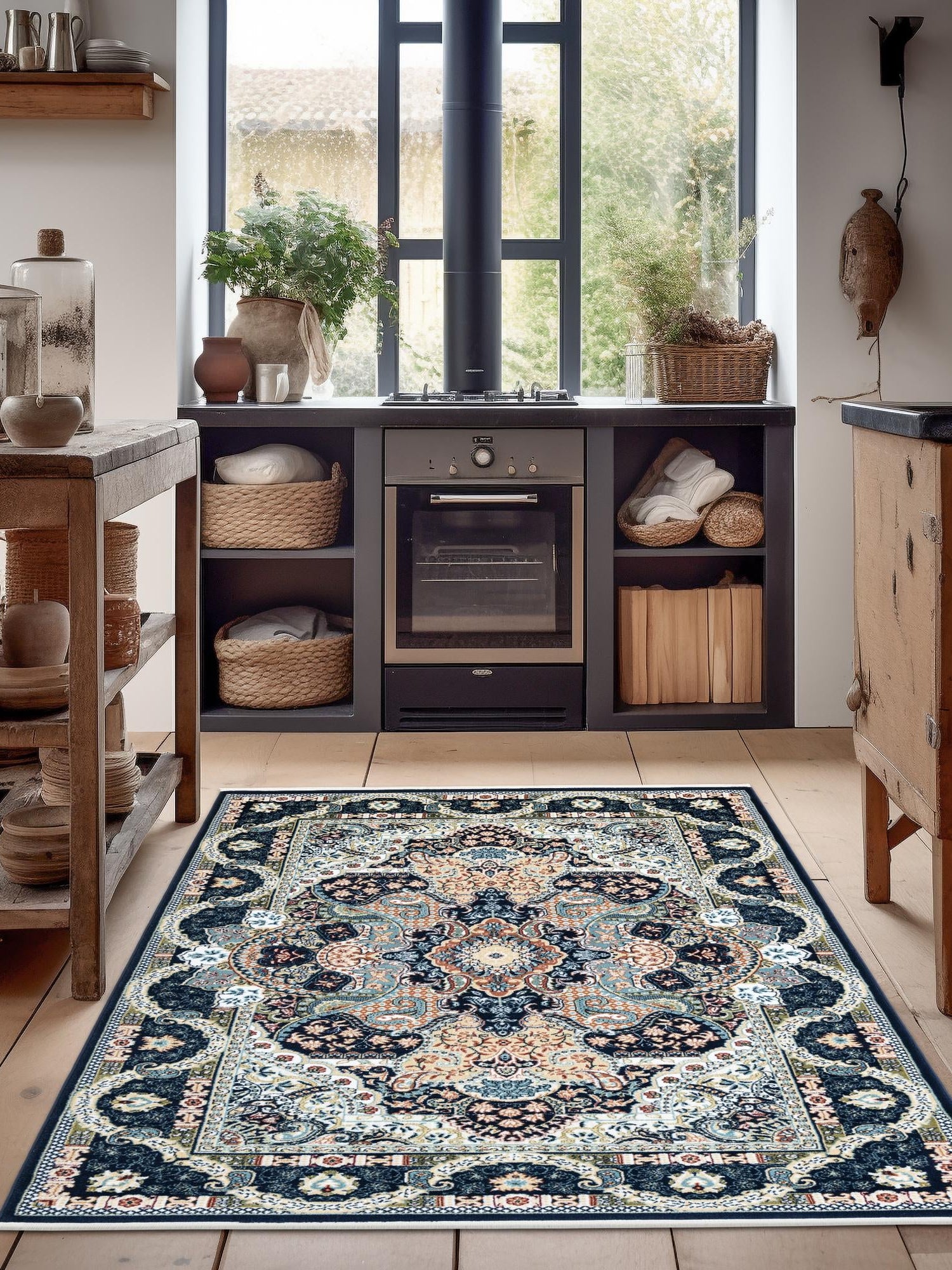 Navy Blue 6' 1 x 9' Narenj Rectangle Area Rug 85% Polypropylene & 15% Polyester Traditional Classic Carpet for Living, Dining, Bedrooms, Office for Sale at Rug Engine