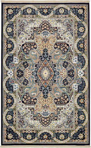 Navy Blue 5' 3 x 8' Narenj Rectangle Area Rug 85% Polypropylene & 15% Polyester Traditional Classic Carpet for Living, Dining, Bedrooms, Office for Sale at Rug Engine