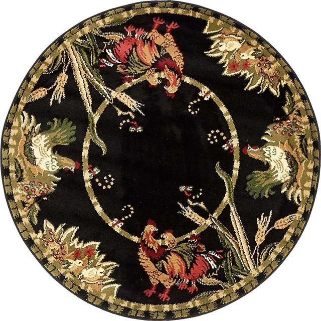 Black 4' 1 x 4' 1 Barnyard Round Area Rug 100% Polypropylene With Cotton Backing Traditional Cottage Rustic Classical Carpet for Living Office Bedroom Dining Room Easy to Clean Long Lasting & Durable Decor for Sale at Rug Engine