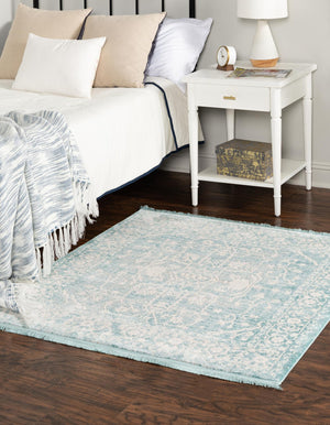 Light Blue 4' x 4' New Classical Square Area Rug 70% Polypropylene & 30% Polyester Traditional Vintage Distressed Carpet for Interior Design Home Decor for Sale at Rug Engine