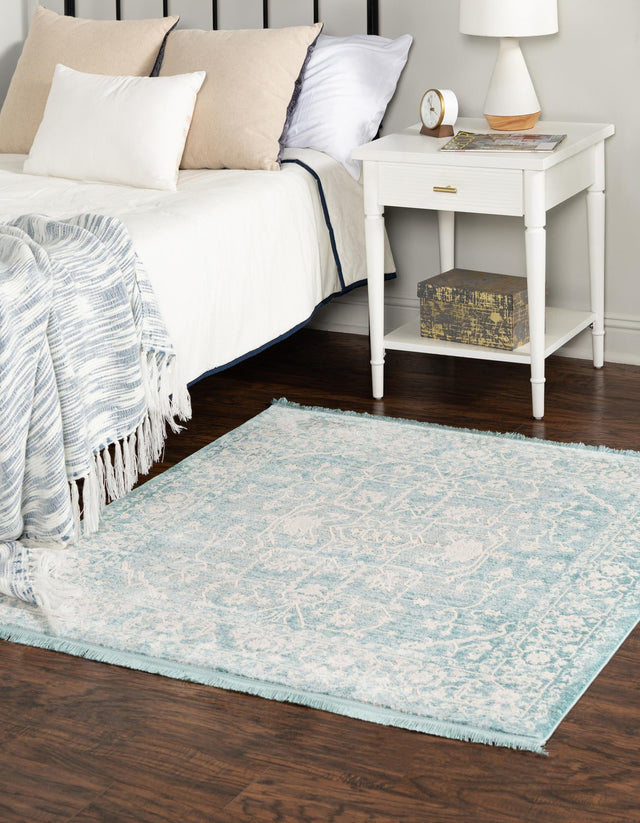 Light Blue 4' x 4' New Classical Square Area Rug 70% Polypropylene & 30% Polyester Traditional Vintage Distressed Carpet for Interior Design Home Decor for Sale at Rug Engine