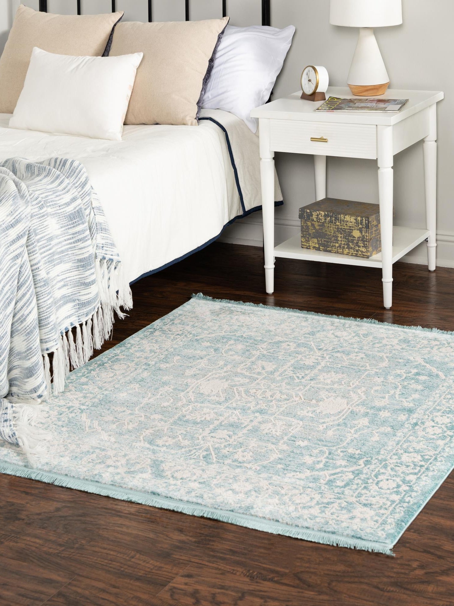 Light Blue 8' x 8' New Classical Square Area Rug 70% Polypropylene & 30% Polyester Traditional Vintage Distressed Carpet for Interior Design Home Decor for Sale at Rug Engine