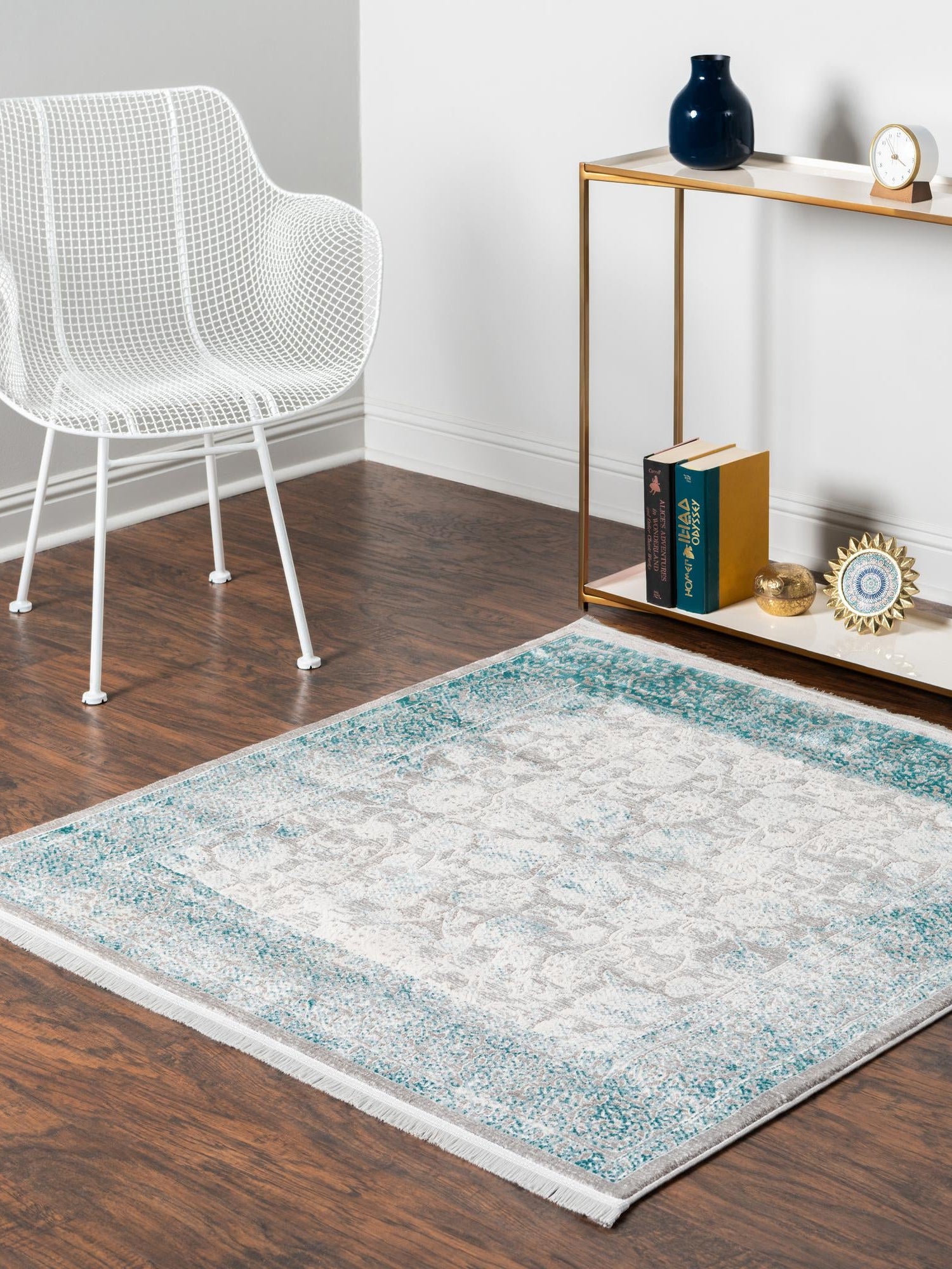 Light Blue 8' x 8' New Classical Square Area Rug 70% Polypropylene & 30% Polyester Traditional Vintage Distressed Carpet for Interior Design Home Decor for Sale at Rug Engine