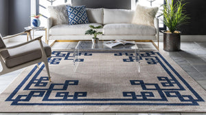 Beige and Blue 8' x 8' Athens Square Area Rug 100% Polypropylene With Cotton Backing Easy Clean Indoor Living Dining Room Bedroom Office Carpet for Sale at Rug Engine