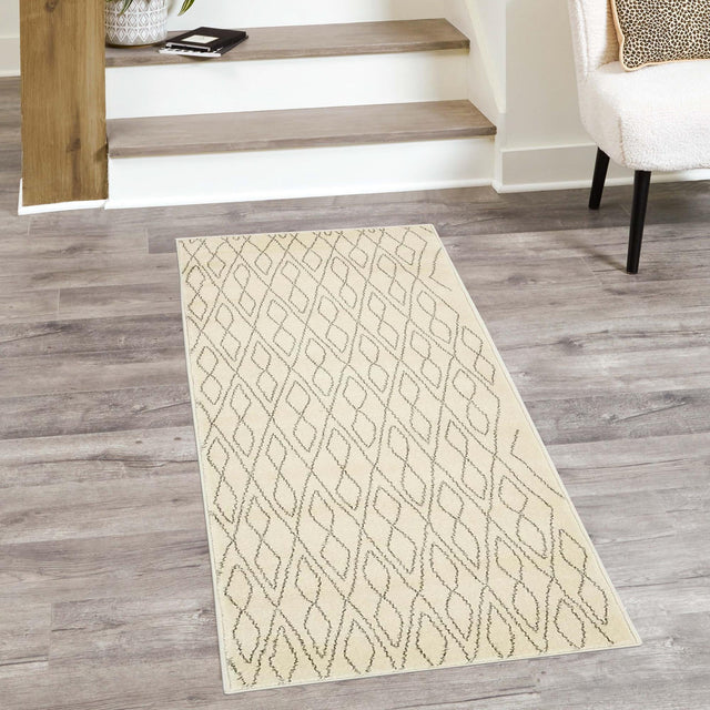 Ivory 2' 7 x 10' Fez Runner Area Rug Geometric 100% Polypropylene Easy Clean Stain Resistant Carpet for Living, Dining, Office, Dorms for Sale at Rug Engine