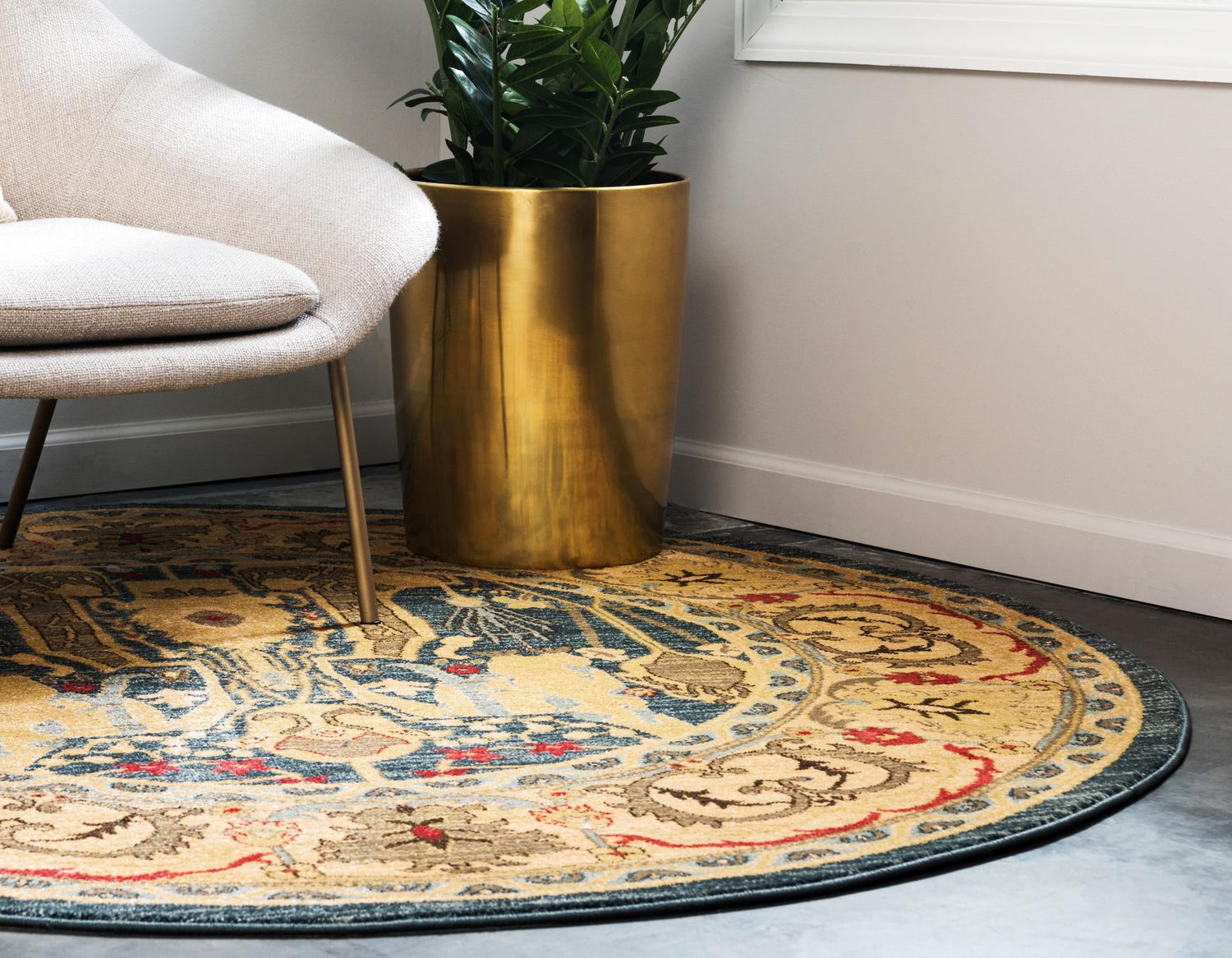 Navy Blue 8' x 8' Sahand Round Area Rug Affordable Easy Clean Traditional Design Durable Carpet for Home Interior Design Living Room Dining Office for Sale at Rug Engine