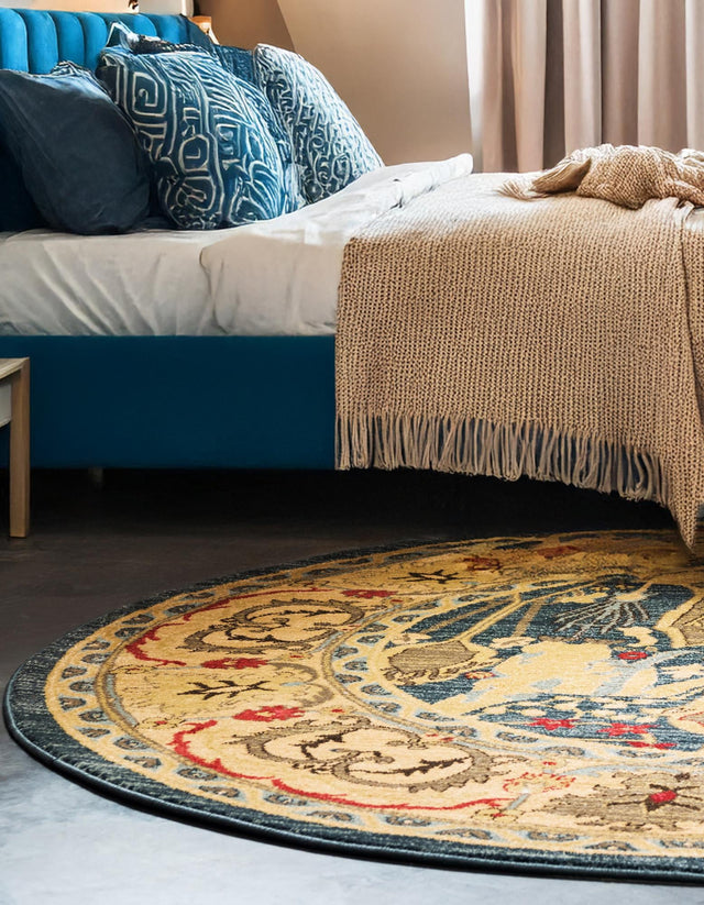 Navy Blue 8' x 8' Sahand Round Area Rug Affordable Easy Clean Traditional Design Durable Carpet for Home Interior Design Living Room Dining Office for Sale at Rug Engine