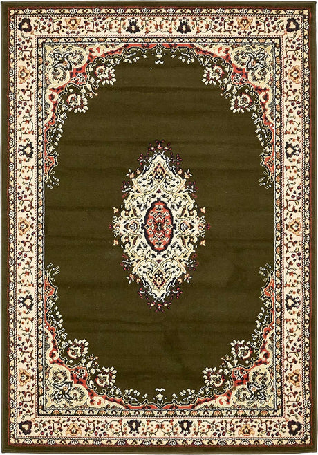 Green 4' 1 x 6' 1 Reza Rectangle Area Rug 100% Polypropylene Easy Clean Traditional Motif Classic Carpet for Home Interiors for Sale at Rug Engine