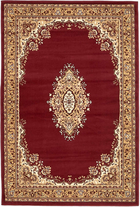 Burgundy 4' 1 x 6' 1 Reza Rectangle Area Rug 100% Polypropylene Easy Clean Traditional Motif Classic Carpet for Home Interiors for Sale at Rug Engine