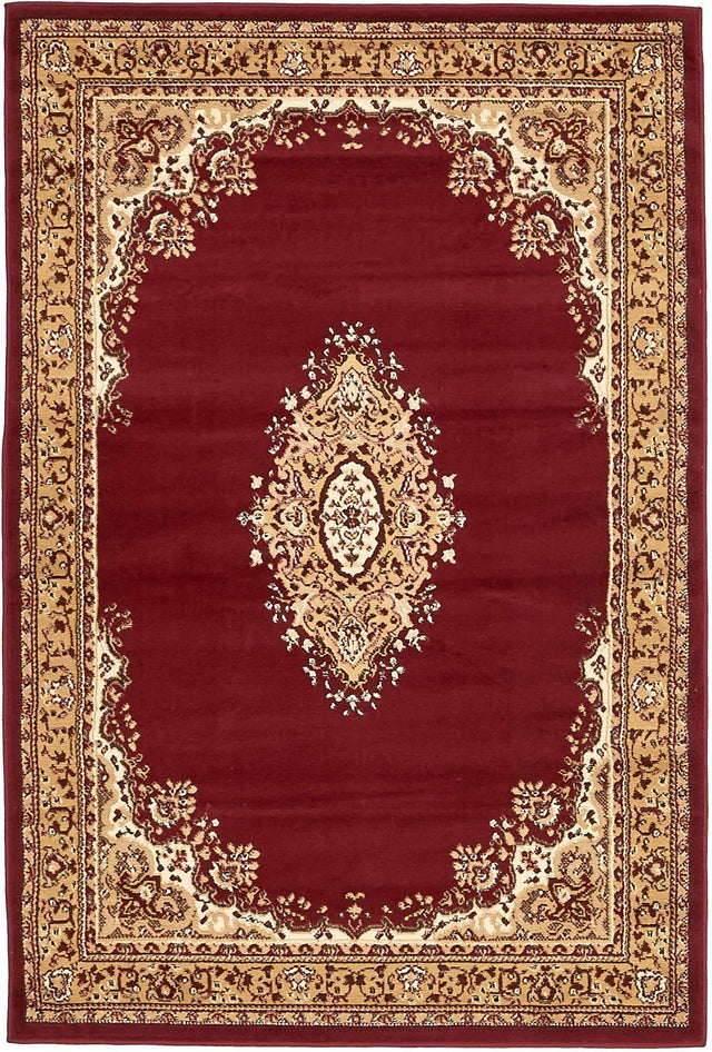 Burgundy 4' 1 x 6' 1 Reza Rectangle Area Rug 100% Polypropylene Easy Clean Traditional Motif Classic Carpet for Home Interiors for Sale at Rug Engine