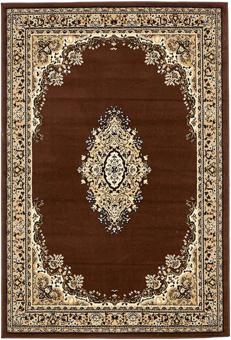 Brown 4' 1 x 6' 1 Reza Rectangle Area Rug 100% Polypropylene Easy Clean Traditional Motif Classic Carpet for Home Interiors for Sale at Rug Engine