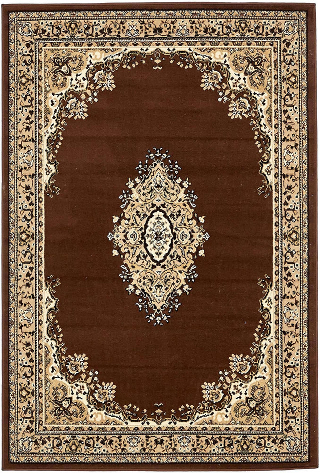 Brown 4' 1 x 6' 1 Reza Rectangle Area Rug 100% Polypropylene Easy Clean Traditional Motif Classic Carpet for Home Interiors for Sale at Rug Engine