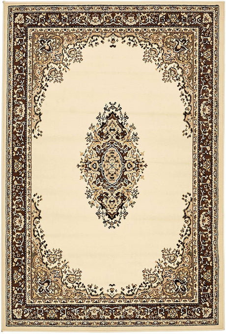 Ivory 4' 1 x 6' 1 Reza Rectangle Area Rug 100% Polypropylene Easy Clean Traditional Motif Classic Carpet for Home Interiors for Sale at Rug Engine