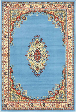 Light Blue 4' 1 x 6' 1 Reza Rectangle Area Rug 100% Polypropylene Easy Clean Traditional Motif Classic Carpet for Home Interiors for Sale at Rug Engine