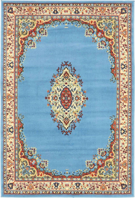 Light Blue 4' 1 x 6' 1 Reza Rectangle Area Rug 100% Polypropylene Easy Clean Traditional Motif Classic Carpet for Home Interiors for Sale at Rug Engine