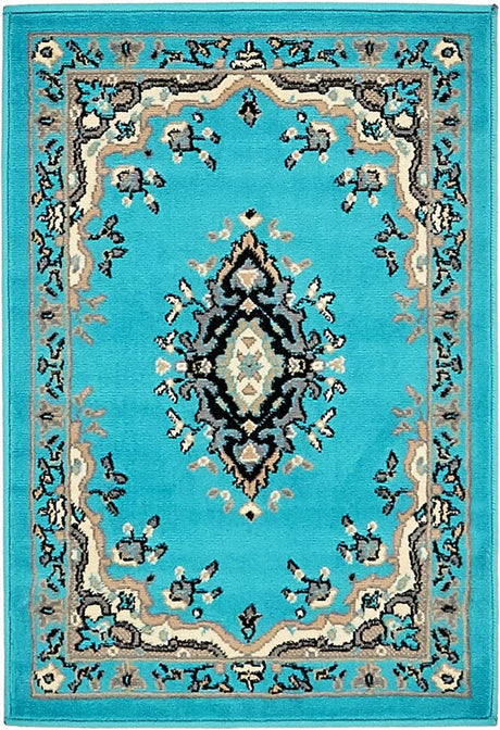 Turquoise 2' x 3' 1 Reza Rectangle Area Rug 100% Polypropylene Easy Clean Traditional Motif Classic Carpet for Home Interiors for Sale at Rug Engine