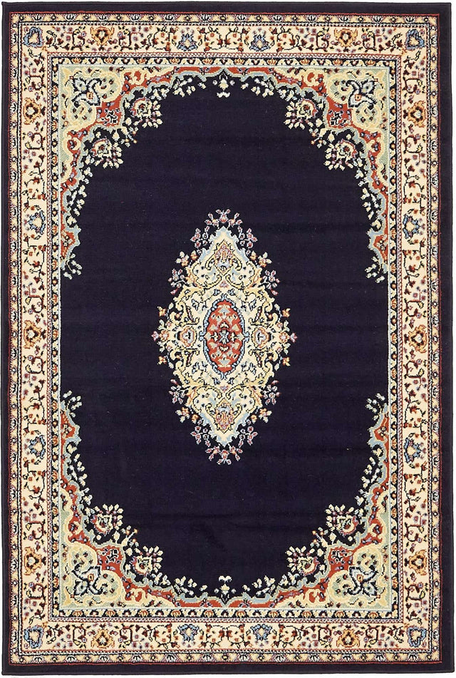 Navy Blue 4' 1 x 6' 1 Reza Rectangle Area Rug 100% Polypropylene Easy Clean Traditional Motif Classic Carpet for Home Interiors for Sale at Rug Engine