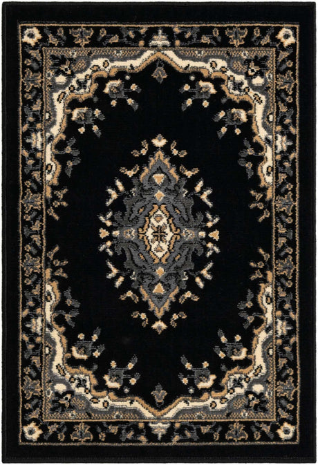 Black 2' x 3' 1 Reza Rectangle Area Rug 100% Polypropylene Easy Clean Traditional Motif Classic Carpet for Home Interiors for Sale at Rug Engine