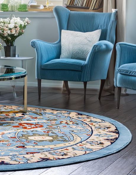 Blue 7' 10 x 7' 10 Espahan Round Area Rug 100% Polypropylene Stain Resistant Carpet With Cotton Backing Vivid Colorful Traditional Interior Design for Sale at Rug Engine