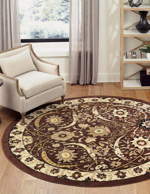 Brown 7' 10 x 7' 10 Espahan Round Area Rug 100% Polypropylene Stain Resistant Carpet With Cotton Backing Vivid Colorful Traditional Interior Design for Sale at Rug Engine