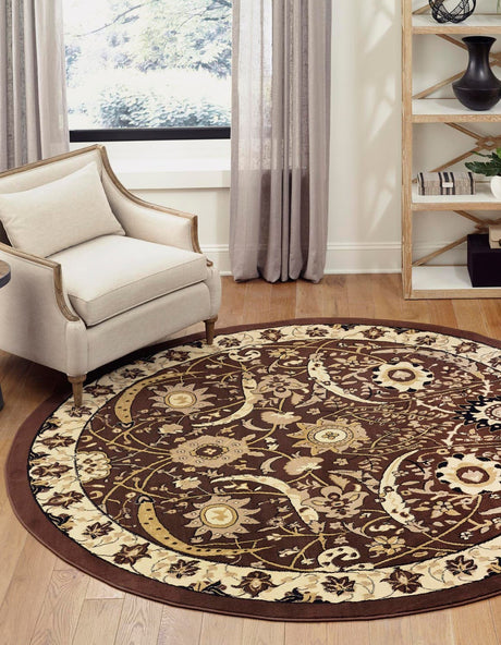 Brown 7' 10 x 7' 10 Espahan Round Area Rug 100% Polypropylene Stain Resistant Carpet With Cotton Backing Vivid Colorful Traditional Interior Design for Sale at Rug Engine