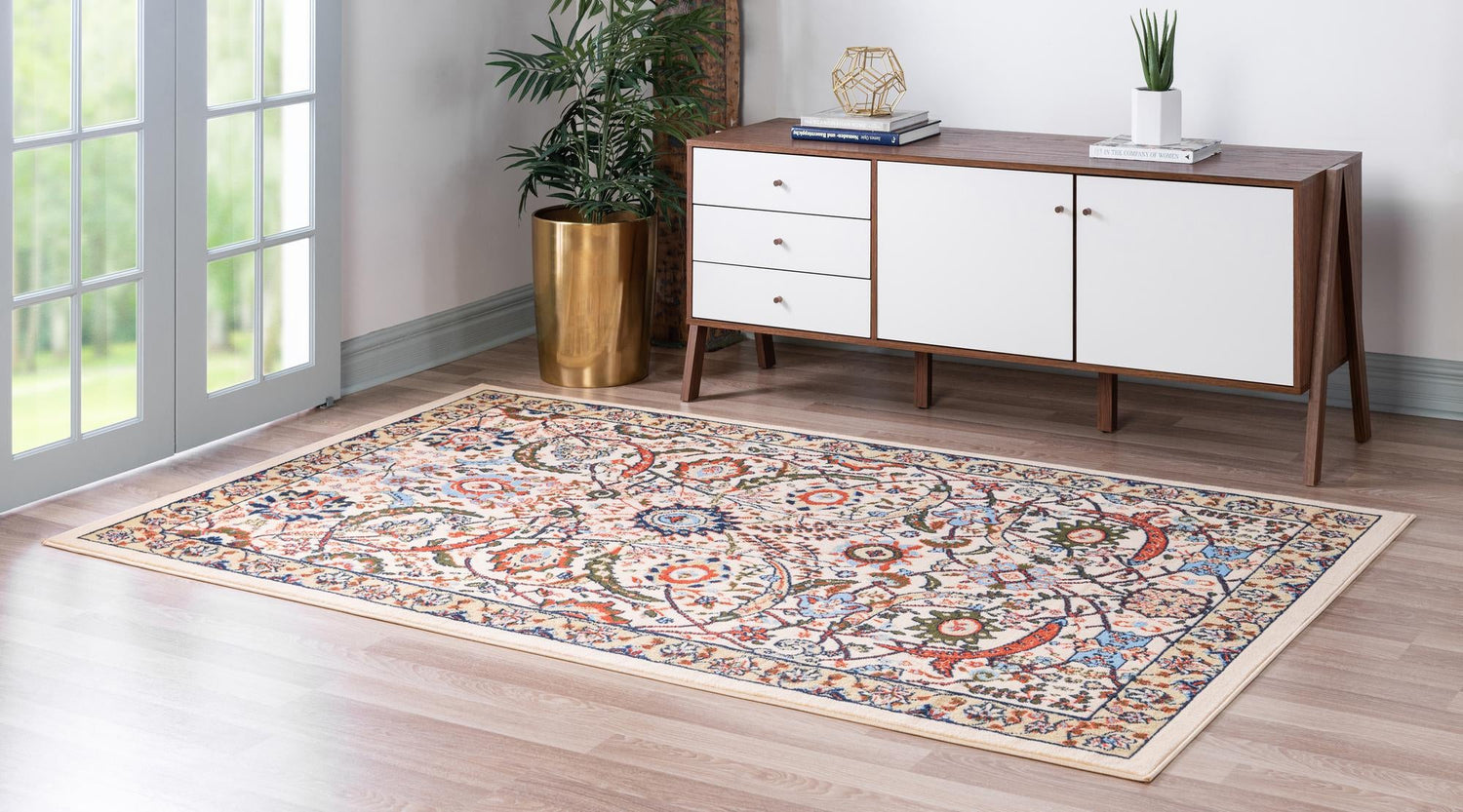 Cream 5' 3 x 8' Espahan Rectangle Area Rug 100% Polypropylene Stain Resistant Carpet With Cotton Backing Vivid Colorful Traditional Interior Design for Sale at Rug Engine