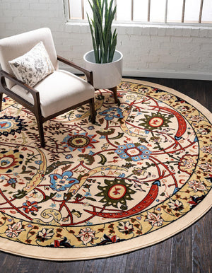 Cream 7' 10 x 7' 10 Espahan Round Area Rug 100% Polypropylene Stain Resistant Carpet With Cotton Backing Vivid Colorful Traditional Interior Design for Sale at Rug Engine