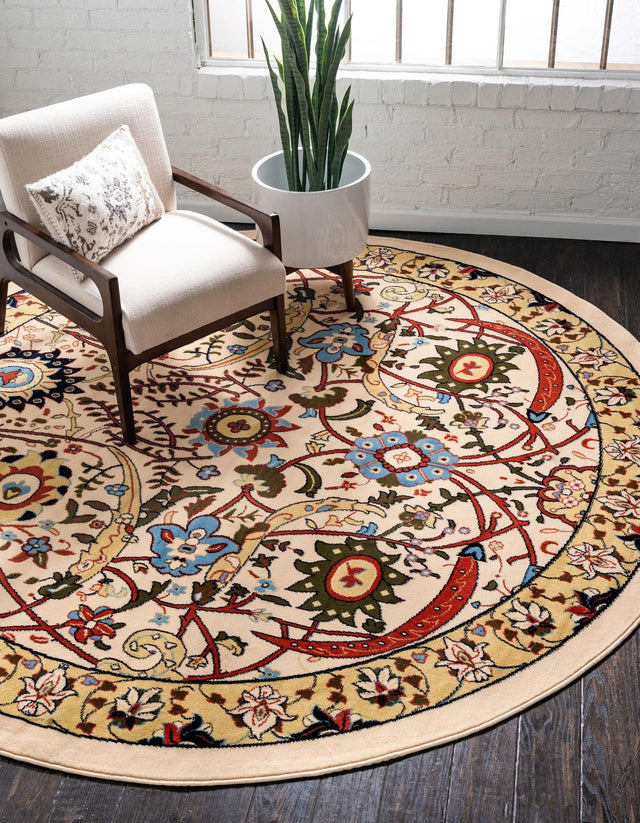 Cream 7' 10 x 7' 10 Espahan Round Area Rug 100% Polypropylene Stain Resistant Carpet With Cotton Backing Vivid Colorful Traditional Interior Design for Sale at Rug Engine