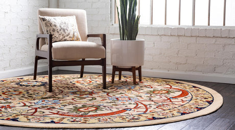 Cream 7' 10 x 7' 10 Espahan Round Area Rug 100% Polypropylene Stain Resistant Carpet With Cotton Backing Vivid Colorful Traditional Interior Design for Sale at Rug Engine