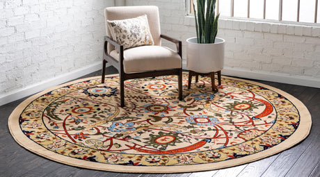 Cream 7' 10 x 7' 10 Espahan Round Area Rug 100% Polypropylene Stain Resistant Carpet With Cotton Backing Vivid Colorful Traditional Interior Design for Sale at Rug Engine