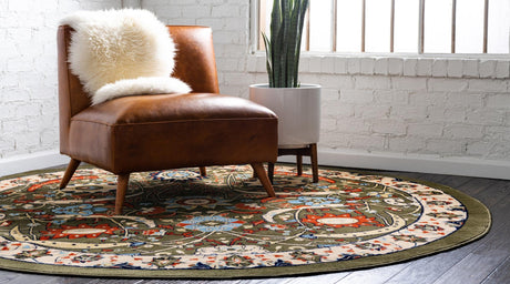 Green 7' 10 x 7' 10 Espahan Round Area Rug 100% Polypropylene Stain Resistant Carpet With Cotton Backing Vivid Colorful Traditional Interior Design for Sale at Rug Engine
