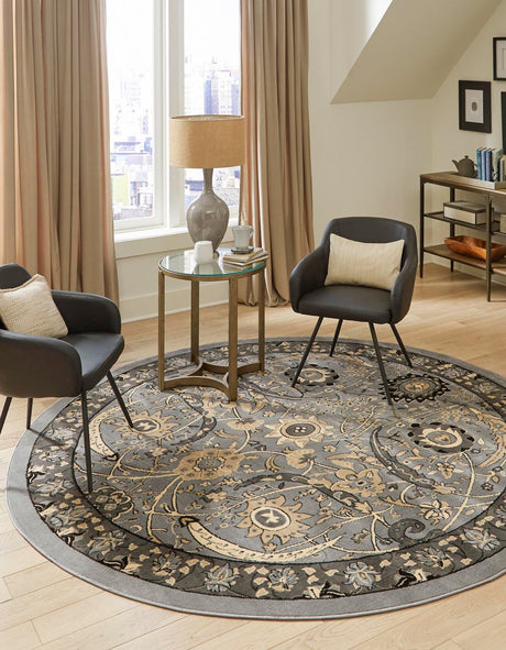 Dark Gray 7' 10 x 7' 10 Espahan Round Area Rug 100% Polypropylene Stain Resistant Carpet With Cotton Backing Vivid Colorful Traditional Interior Design for Sale at Rug Engine