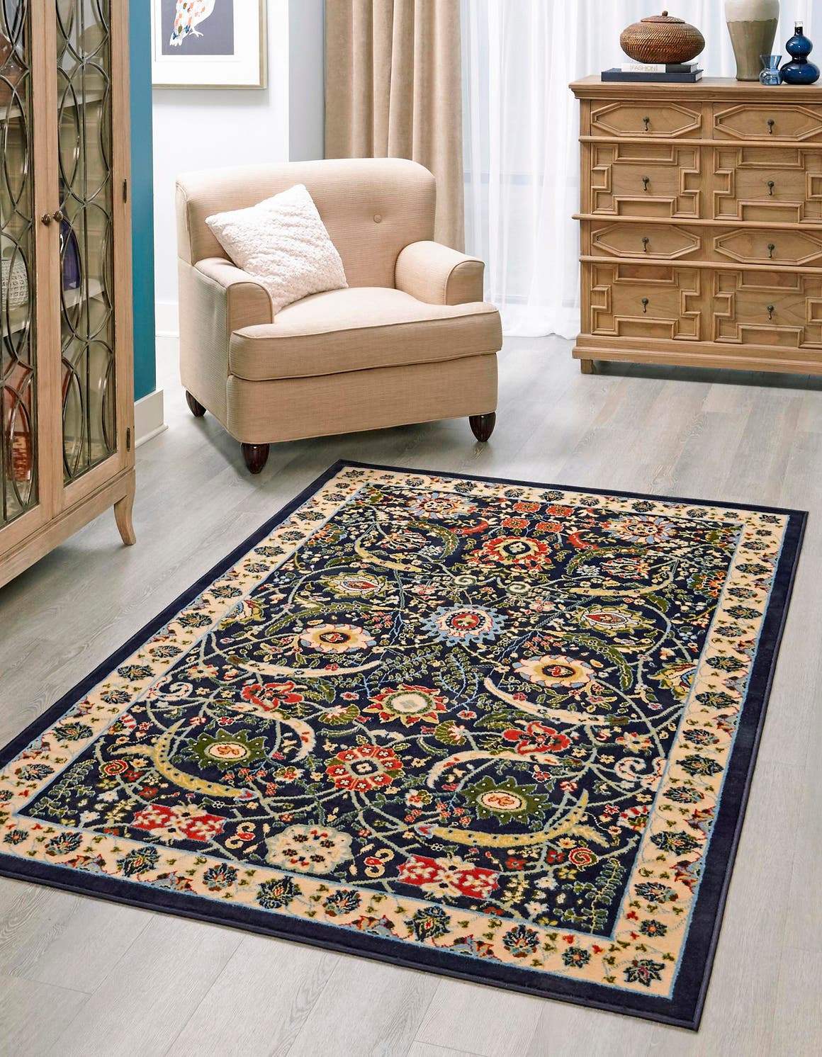 Navy Blue 7' 1 x 10' Espahan Rectangle Area Rug 100% Polypropylene Stain Resistant Carpet With Cotton Backing Vivid Colorful Traditional Interior Design for Sale at Rug Engine