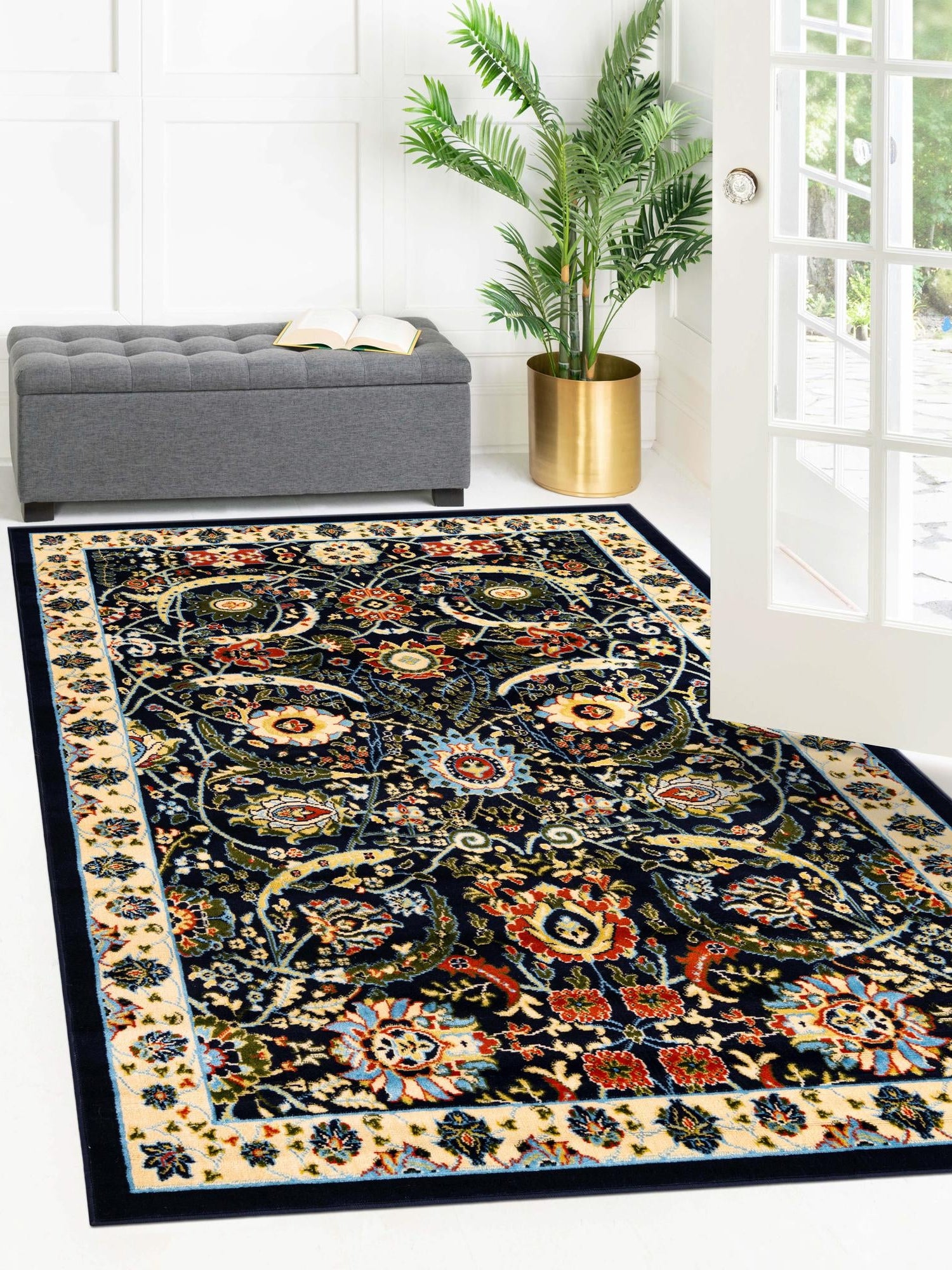 Navy Blue 5' 3 x 8' Espahan Rectangle Area Rug 100% Polypropylene Stain Resistant Carpet With Cotton Backing Vivid Colorful Traditional Interior Design for Sale at Rug Engine