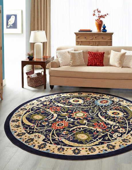 Navy Blue 7' 10 x 7' 10 Espahan Round Area Rug 100% Polypropylene Stain Resistant Carpet With Cotton Backing Vivid Colorful Traditional Interior Design for Sale at Rug Engine