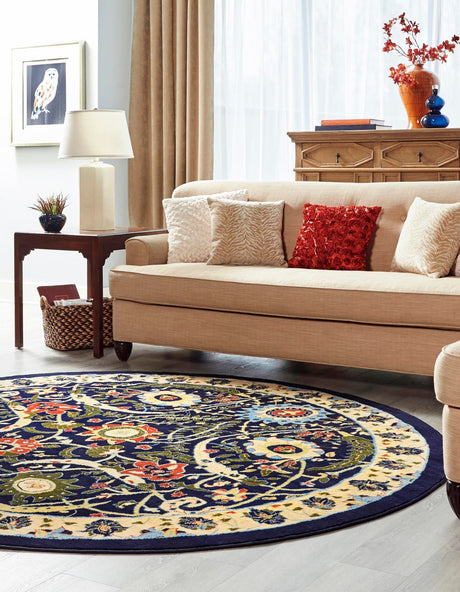 Navy Blue 7' 10 x 7' 10 Espahan Round Area Rug 100% Polypropylene Stain Resistant Carpet With Cotton Backing Vivid Colorful Traditional Interior Design for Sale at Rug Engine