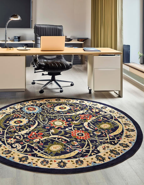 Navy Blue 7' 10 x 7' 10 Espahan Round Area Rug 100% Polypropylene Stain Resistant Carpet With Cotton Backing Vivid Colorful Traditional Interior Design for Sale at Rug Engine