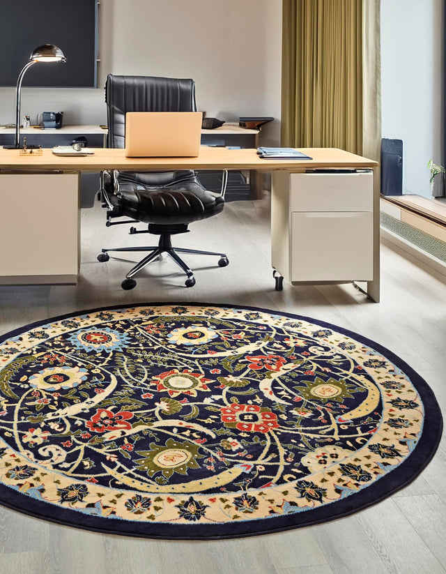 Navy Blue 7' 10 x 7' 10 Espahan Round Area Rug 100% Polypropylene Stain Resistant Carpet With Cotton Backing Vivid Colorful Traditional Interior Design for Sale at Rug Engine