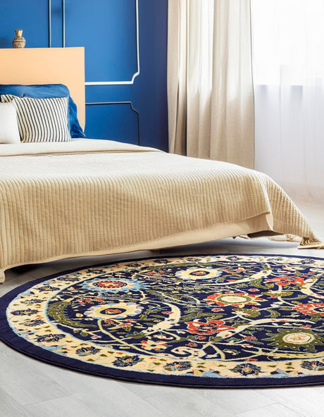 Navy Blue 7' 10 x 7' 10 Espahan Round Area Rug 100% Polypropylene Stain Resistant Carpet With Cotton Backing Vivid Colorful Traditional Interior Design for Sale at Rug Engine