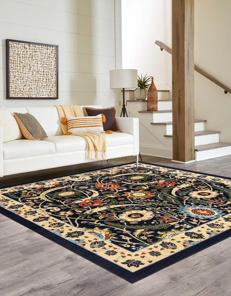 Navy Blue 7' 10 x 7' 10 Espahan Square Area Rug 100% Polypropylene Stain Resistant Carpet With Cotton Backing Vivid Colorful Traditional Interior Design for Sale at Rug Engine