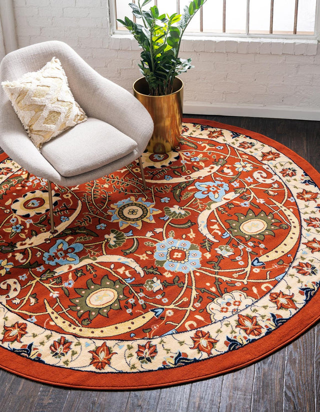Terracotta 7' 10 x 7' 10 Espahan Round Area Rug 100% Polypropylene Stain Resistant Carpet With Cotton Backing Vivid Colorful Traditional Interior Design for Sale at Rug Engine
