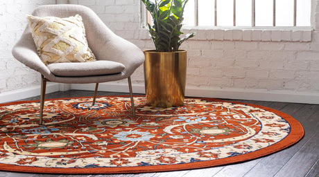 Terracotta 7' 10 x 7' 10 Espahan Round Area Rug 100% Polypropylene Stain Resistant Carpet With Cotton Backing Vivid Colorful Traditional Interior Design for Sale at Rug Engine