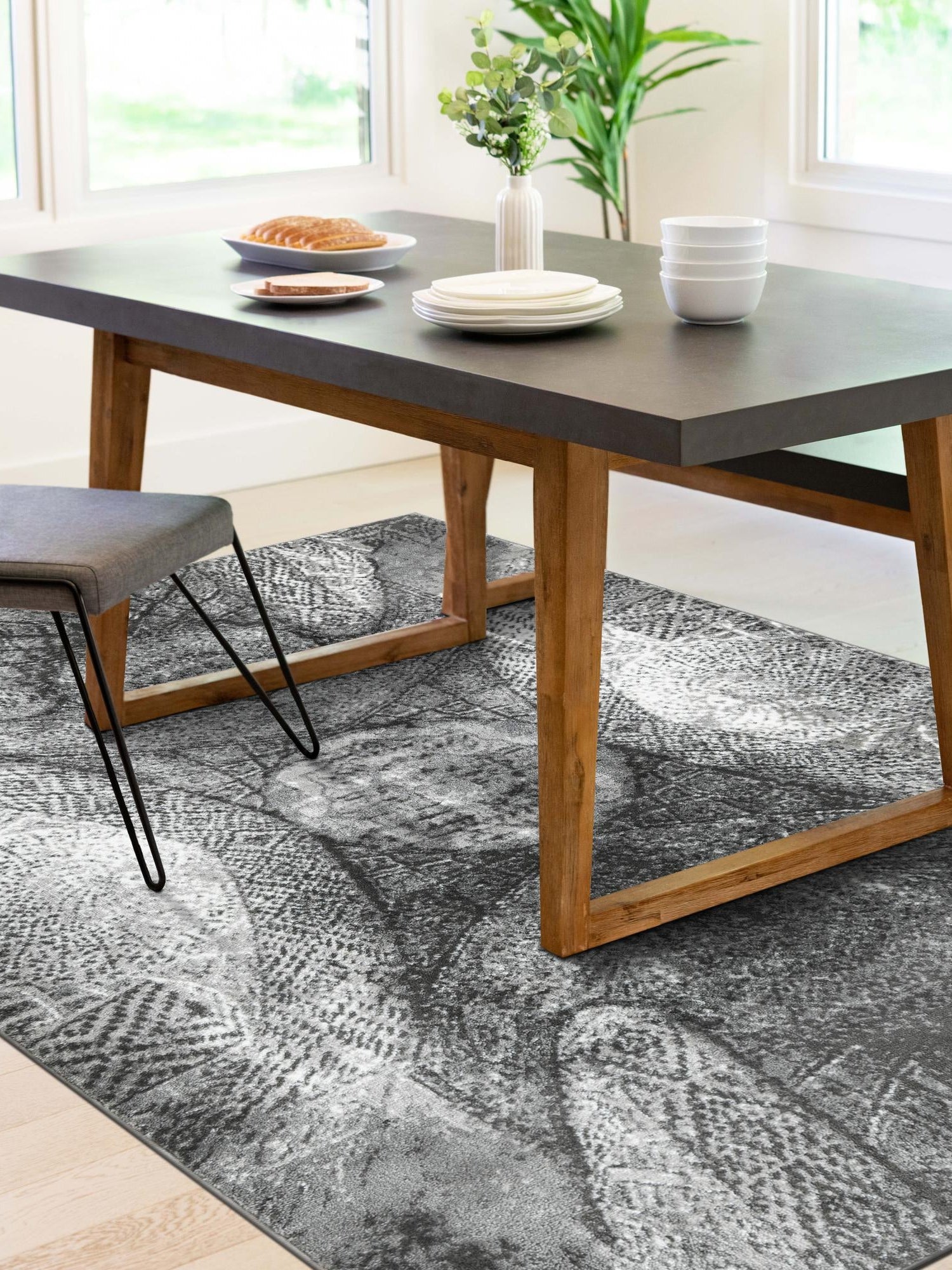 Dark Gray 4' 1 x 6' 1 Sofia Rectangle Area Rug Durable Easy Clean Stain Resistant Unique Carpet for Affordable Interior Home Design for Sale at Rug Engine