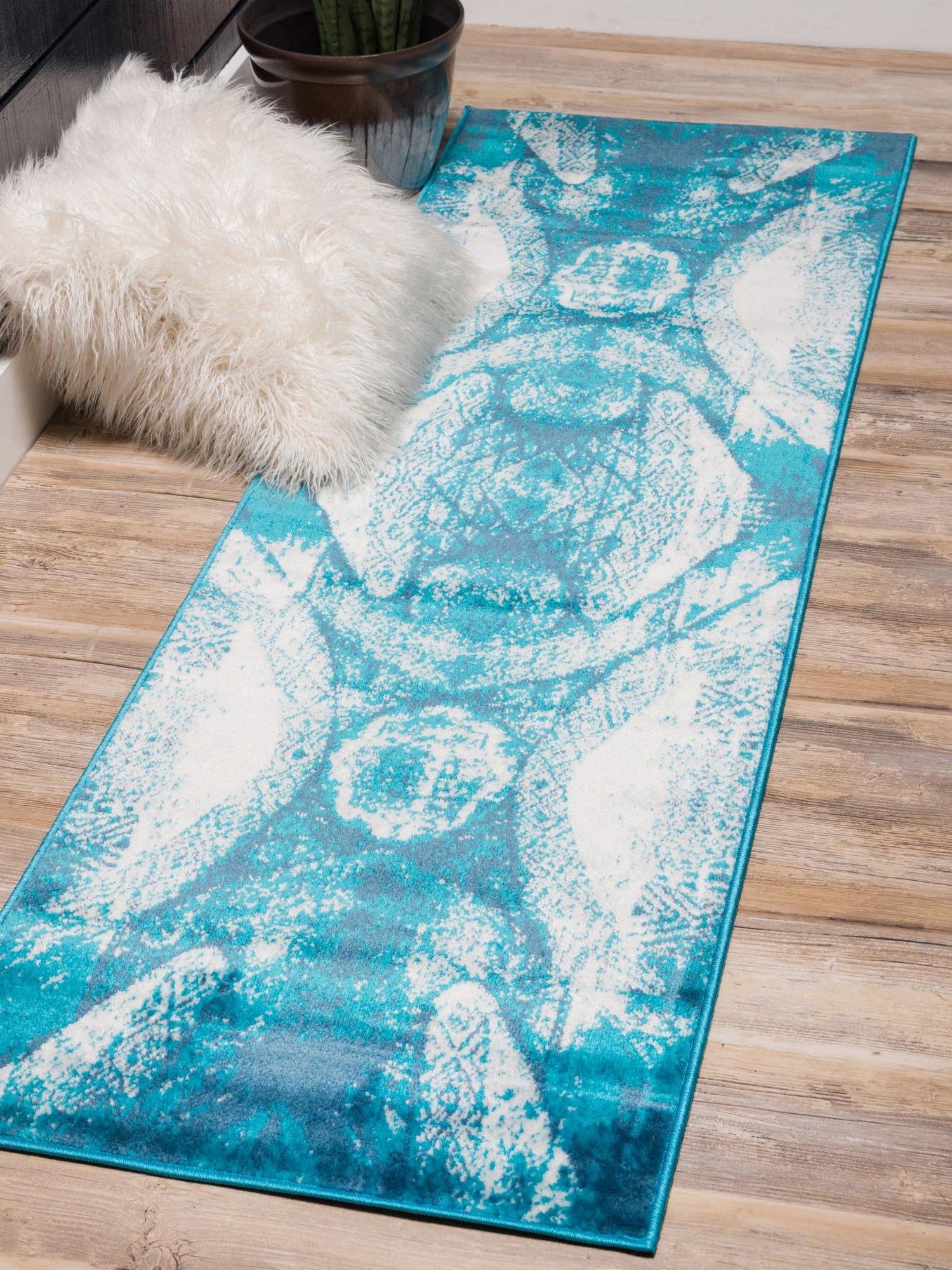 Turquoise 3' 3 x 19' 8 Sofia Runner Area Rug Durable Easy Clean Stain Resistant Unique Carpet for Affordable Interior Home Design for Sale at Rug Engine