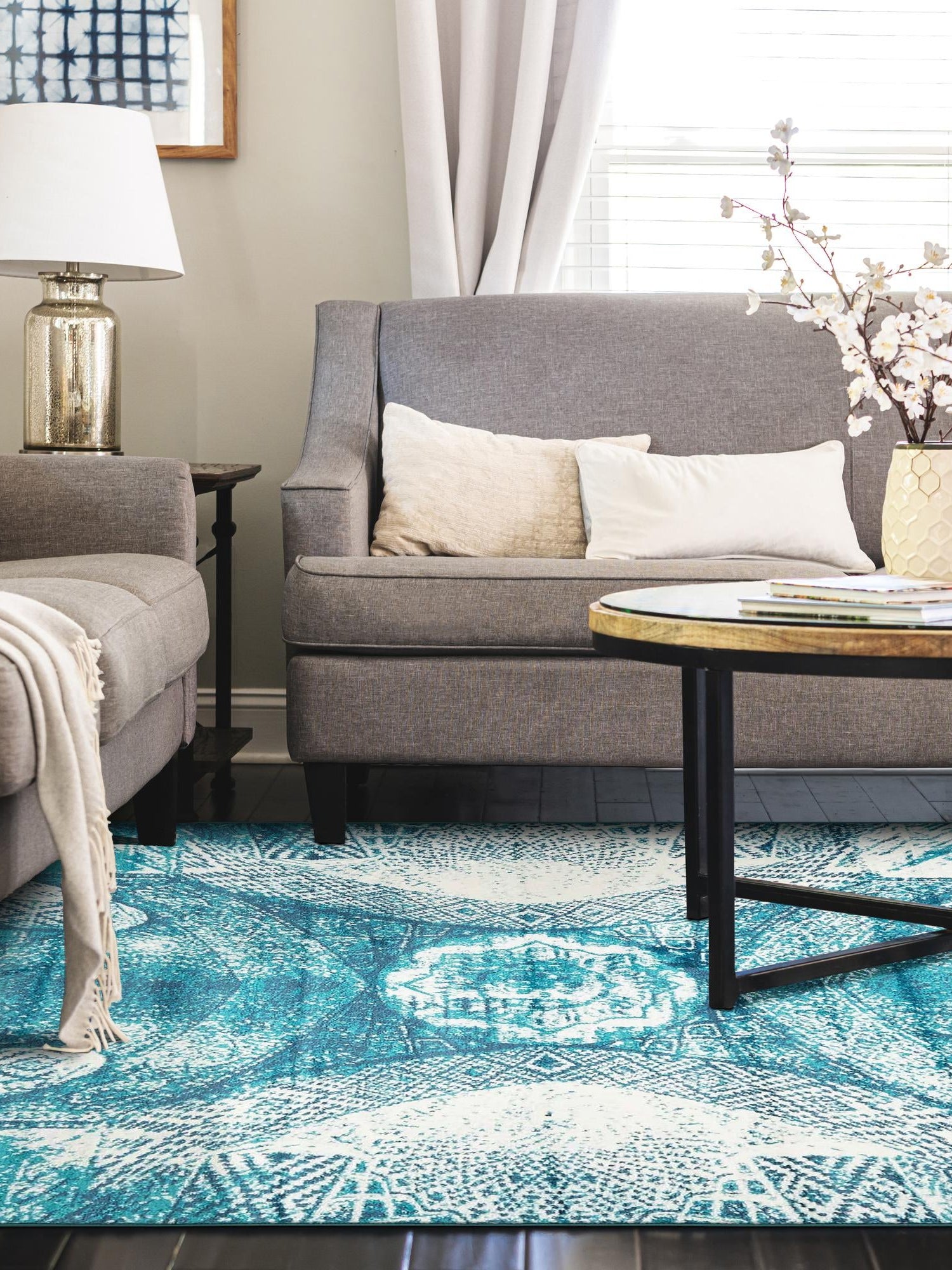Turquoise 8' x 10' Sofia Rectangle Area Rug Durable Easy Clean Stain Resistant Unique Carpet for Affordable Interior Home Design for Sale at Rug Engine