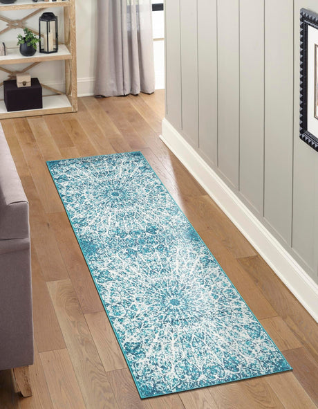 Turquoise 3' 3 x 16' 5 Sofia Runner Area Rug Durable Easy Clean Stain Resistant Unique Carpet for Affordable Interior Home Design for Sale at Rug Engine