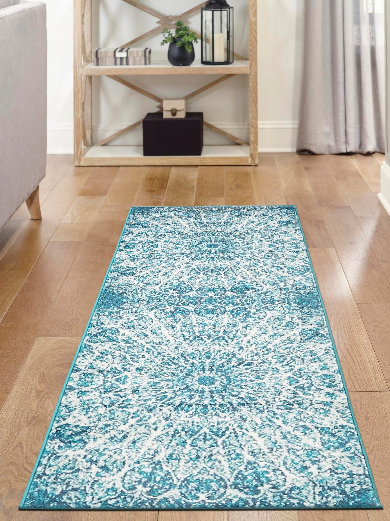 Turquoise 3' 3 x 16' 5 Sofia Runner Area Rug Durable Easy Clean Stain Resistant Unique Carpet for Affordable Interior Home Design for Sale at Rug Engine