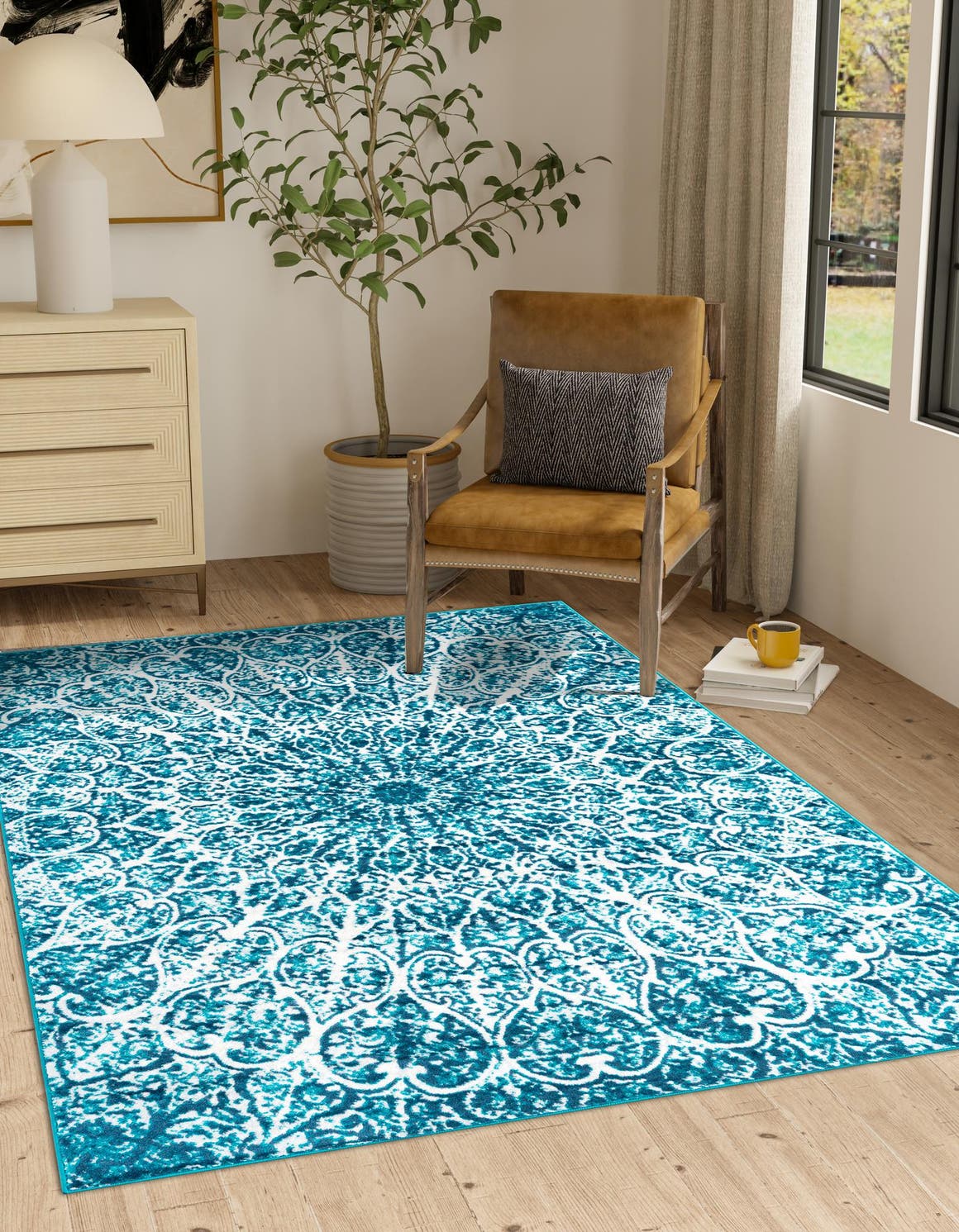 Turquoise 5' 3 x 8' Sofia Rectangle Area Rug Durable Easy Clean Stain Resistant Unique Carpet for Affordable Interior Home Design for Sale at Rug Engine