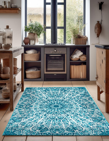Turquoise 7' 1 x 10' Sofia Rectangle Area Rug Durable Easy Clean Stain Resistant Unique Carpet for Affordable Interior Home Design for Sale at Rug Engine