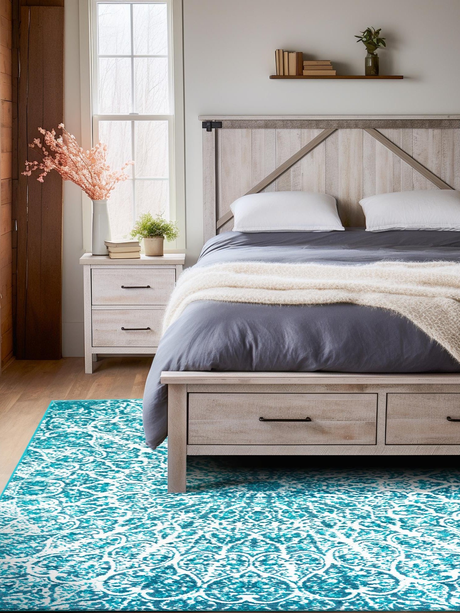 Turquoise 4' 1 x 6' 1 Sofia Rectangle Area Rug Durable Easy Clean Stain Resistant Unique Carpet for Affordable Interior Home Design for Sale at Rug Engine